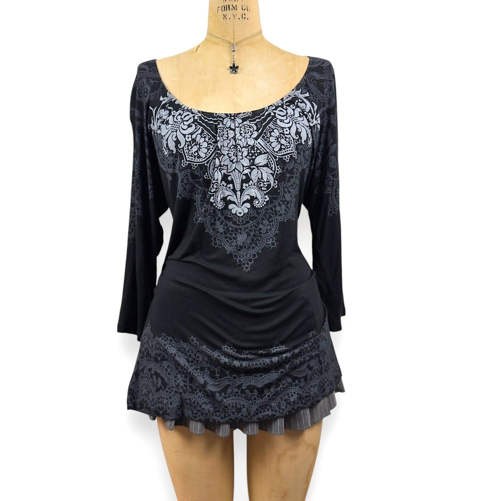 Y2K Vanilla Sugar Grunge Graphic Top Scoop Neck Gothic Damask Whimsygoth Size L